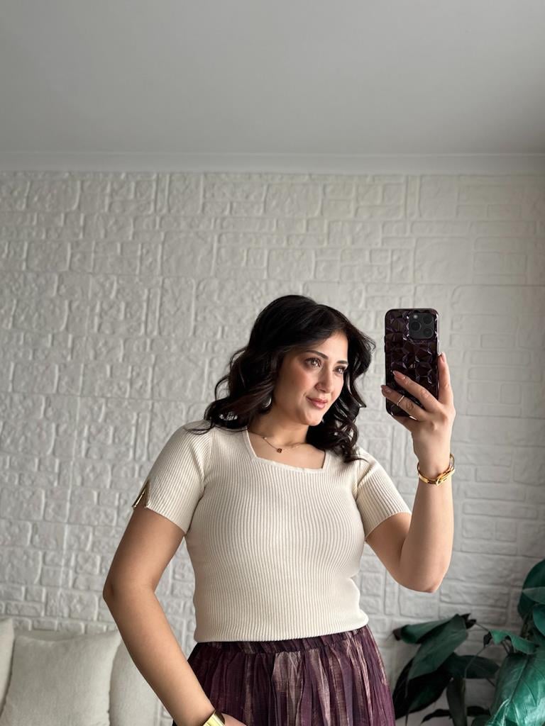 Kare Yaka Full Likralı Yarım Kol Premium Triko  Bluz