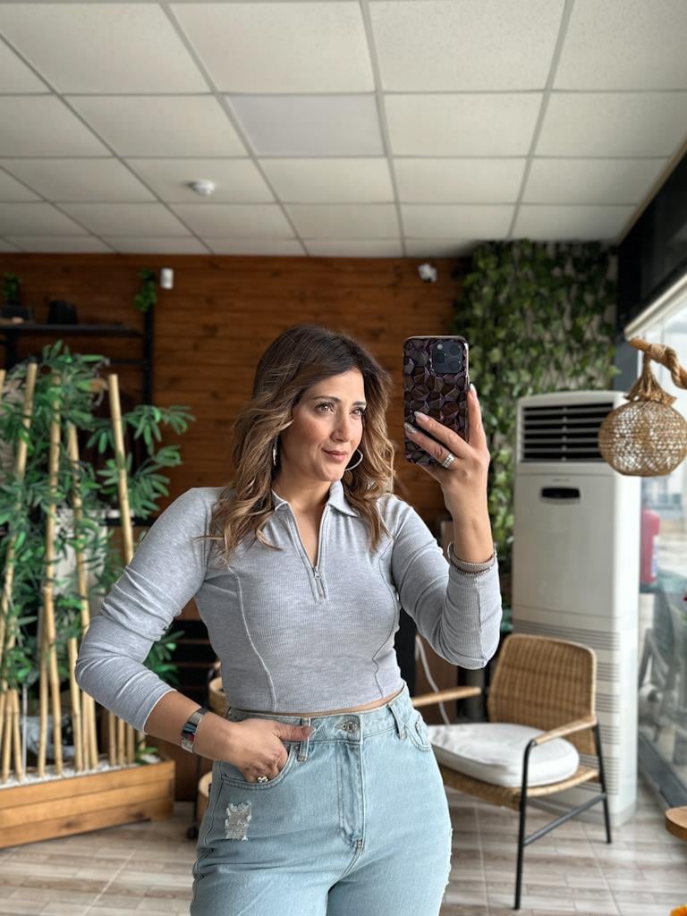 Karol Fermuarlı Likralı Kaşkorse Crop Bluz Gri