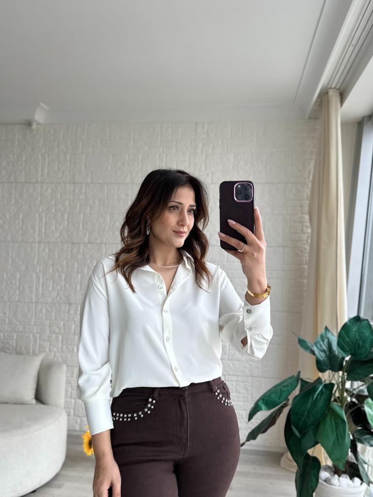 Karol İpek Saten Gömlek Ekru