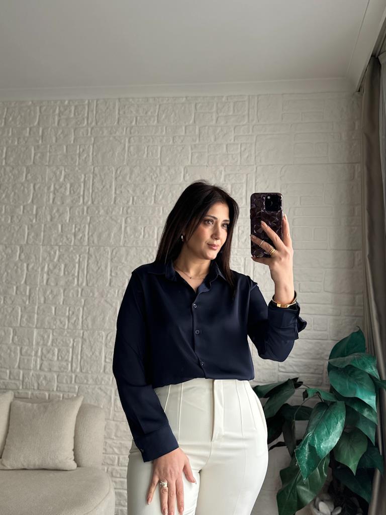 Karol İpek Saten Gömlek Lacivert