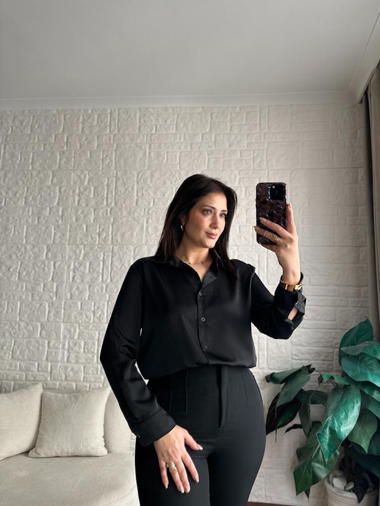 Karol İpek Saten Gömlek Siyah