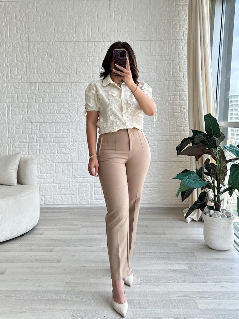 Karol Önü Flatolu Kumaş Pantolon Camel