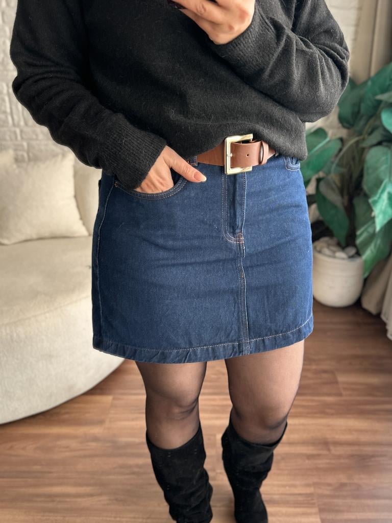 Kemerli Mini Kot Etek Lacivert