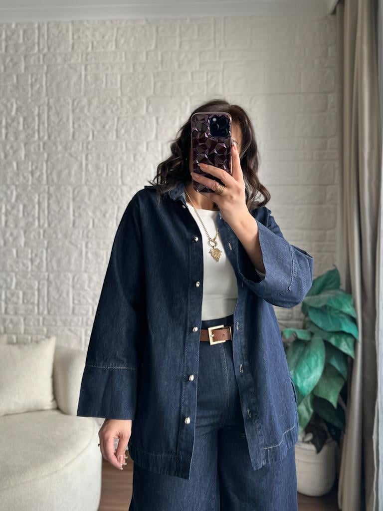 Kenar Yırtmaçlı Jean Ceket Lacivert