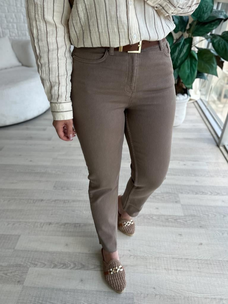 Kesik Paça Yüksek Bel Mom Fit Vizon