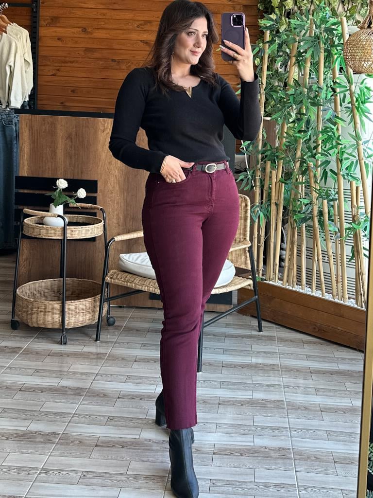 Kesik Paça Yüksek Bel Mom Jean Bordo