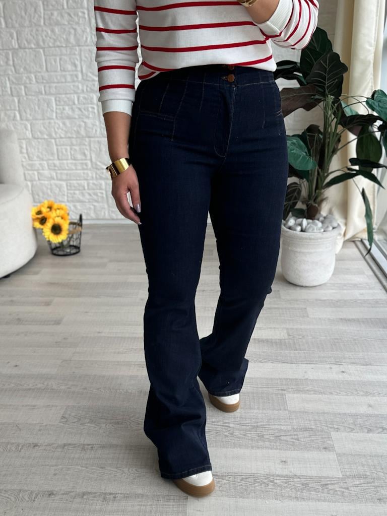 Koyu Lacivert  Bel Pens Detaylı İspanyol Paça Jean