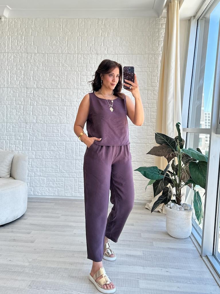 Koyu Mürdüm Tensel Kumaş Geniş Yaka İkili Takım