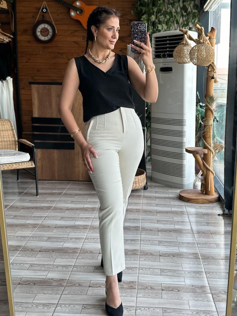 Krem Orijinal Marka Pens Detaylı Pantolon