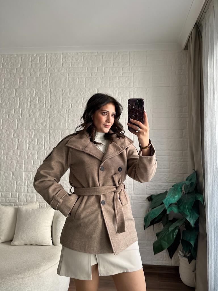 Kuşaklı Astarlı Kaşe Kaban Vizon