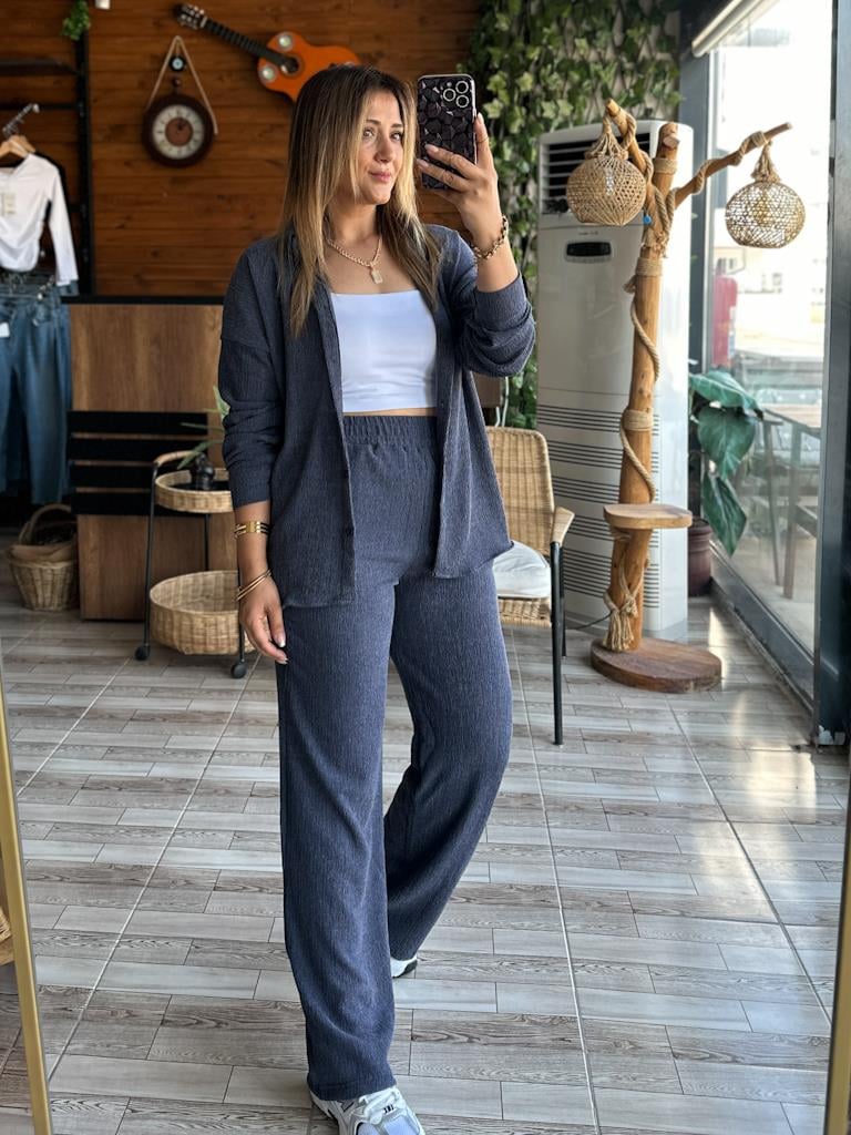 Lacivert Beli Lastikli Cep Detaylı Gömlek Takım