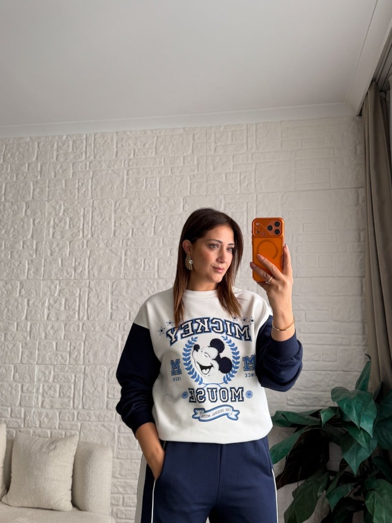 Lacivert Ekru Mickey Panç Nakışlı İki İplik Pamuk Sweat
