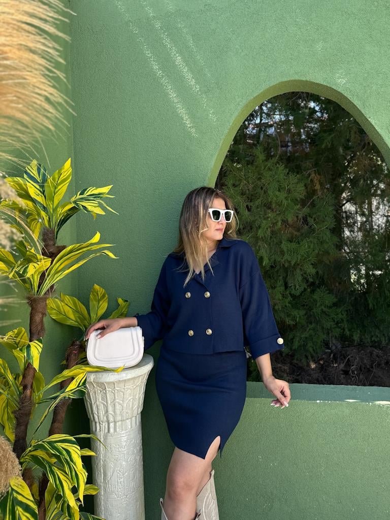 Lacivert Gold Düğmeli Triko Etek Ceket Takım