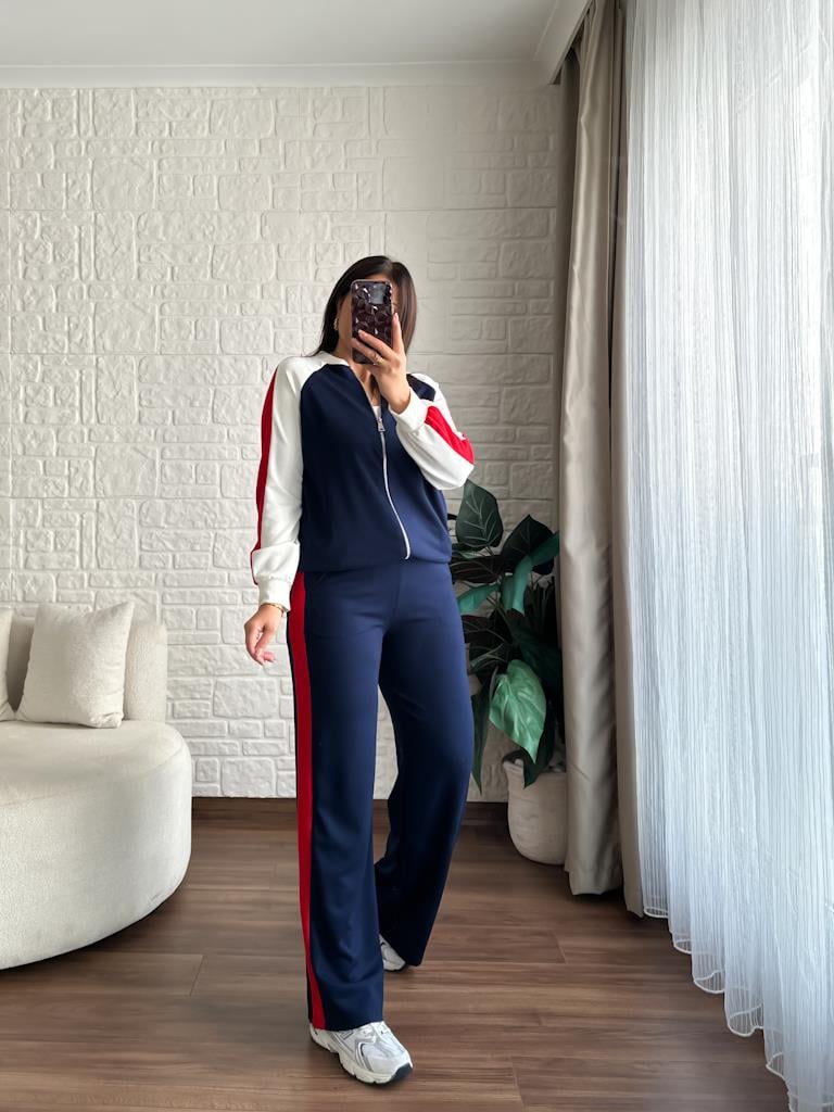 Lacivert Modal Kumaş Garnili Fermuarlı Sweat Takım