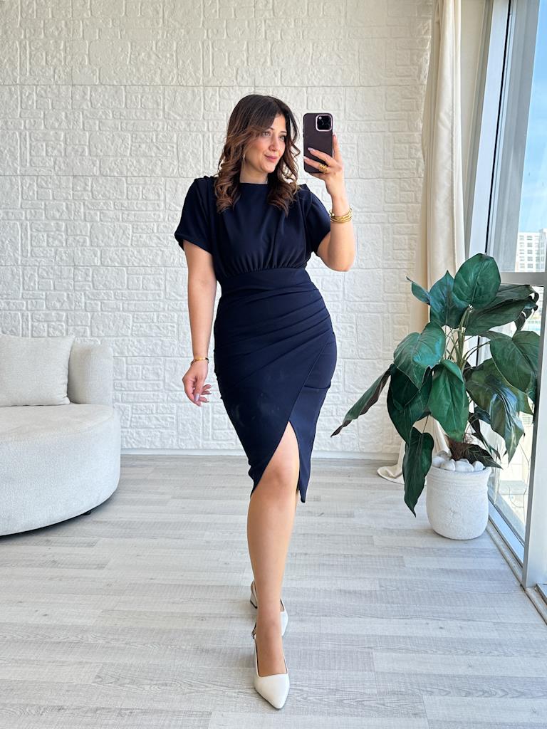 Lacivert Omuz Drapeli Likralı Elbise