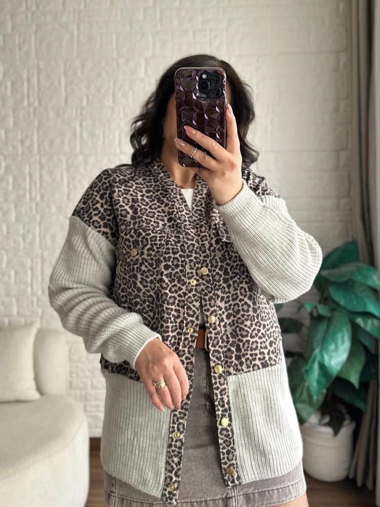 Leopar Desenli Triko Garnilli Ceket
