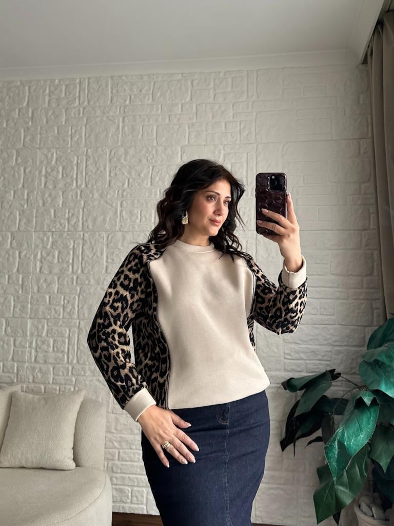 Leopar  Fermuar Detaylı Üç İplik Şardonlu Sweetshirt Bej