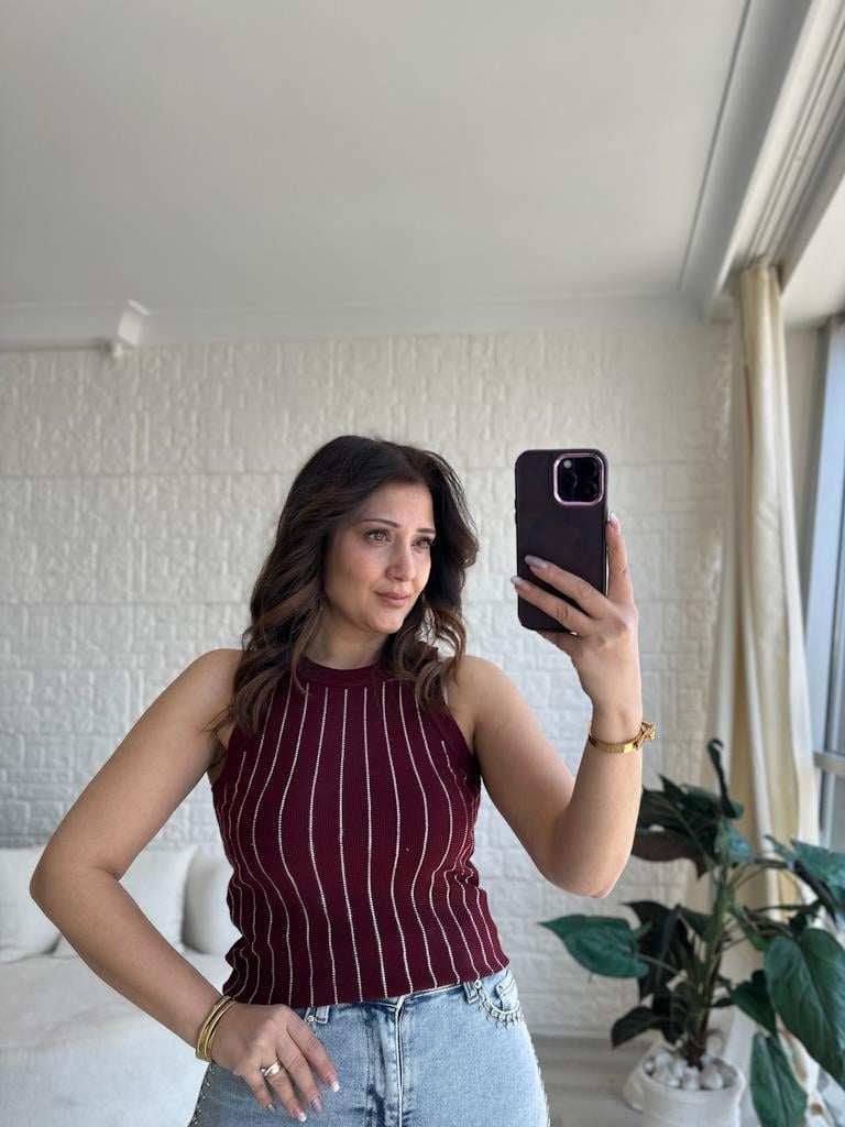 Lüks Kalite Halter Yaka Taş Baskılı Bluz Bordo