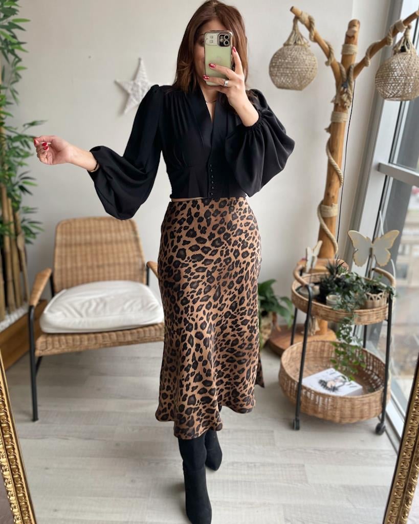 Lüks Kalite Leopar Desen Beli Lastikli Saten Etek