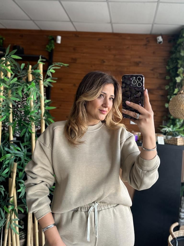 Lüks Kalite Omuzu Dikişli Oversize Basic Sweat Bej