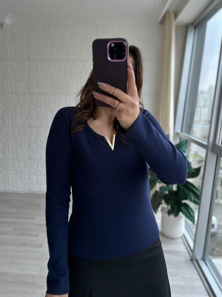 Lüks Kalite V Demir Yaka Detay Triko Bluz Lacivert