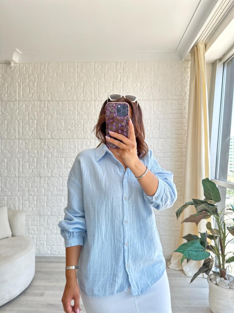 Mavi Müslin Keten Gömlek