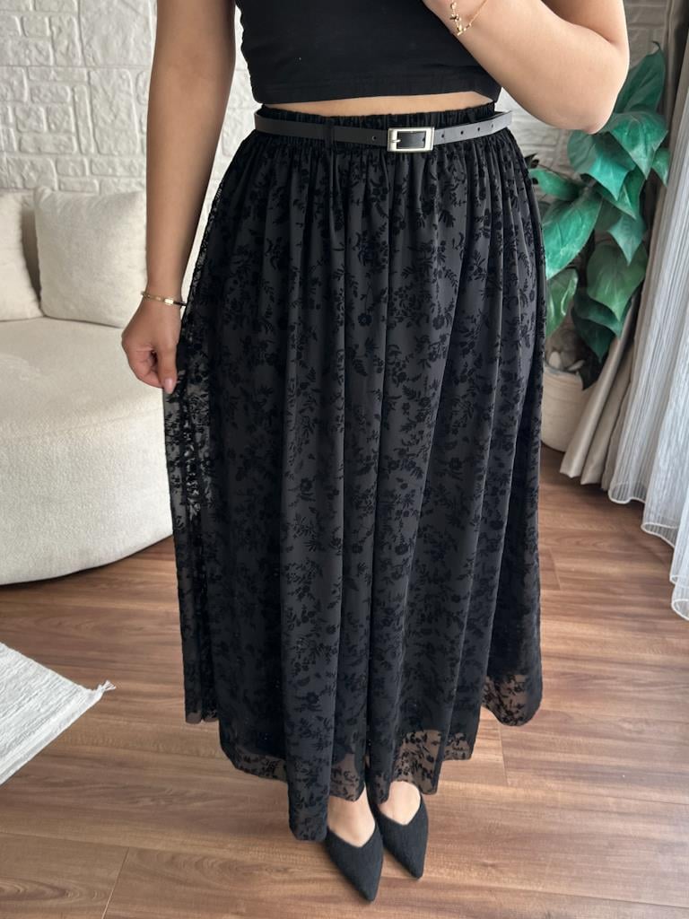 Maxi Boy Beli Lastikli Kemerli Kadife Desenli Etek Siyah