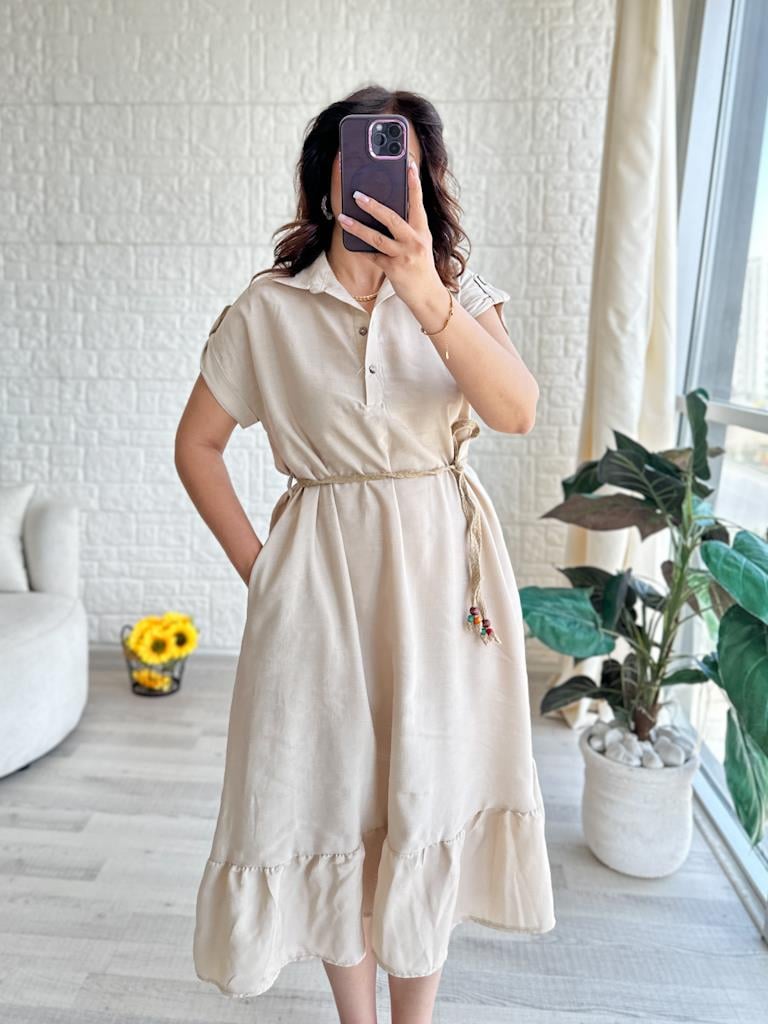 Modal Kemerli Düğmeli Elbise Taş