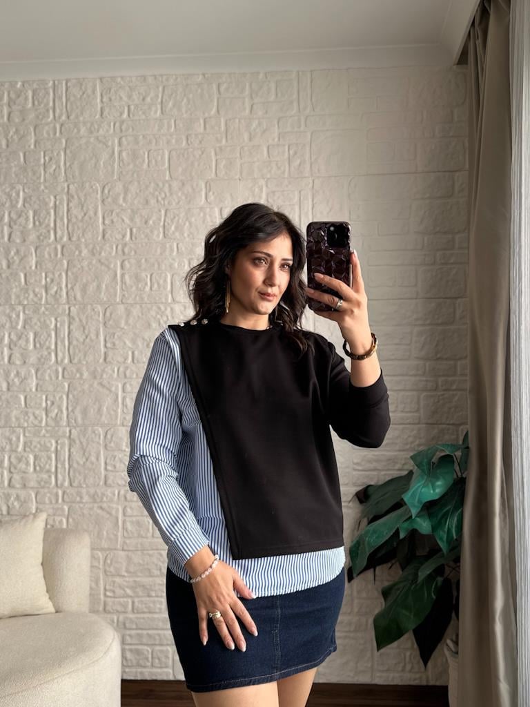 Modal Kumaş Gömlek Garnili Omuz Düğmeli Tasarım Bluz Siyah