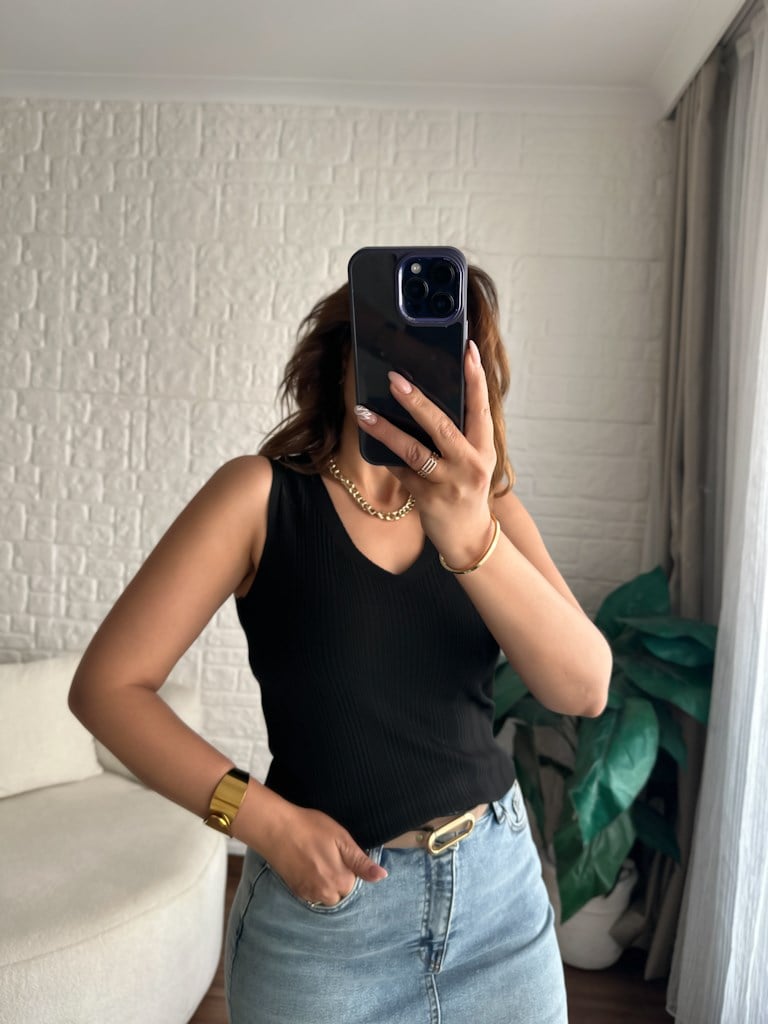 Modern V Yaka Fitilli Full Likralı Triko Siyah