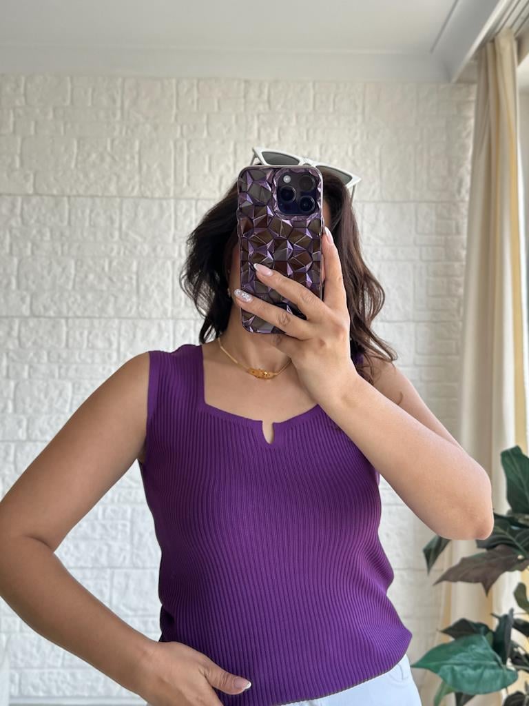 Mor V Yaka Detaylı Fitilli Full Likralı Bluz