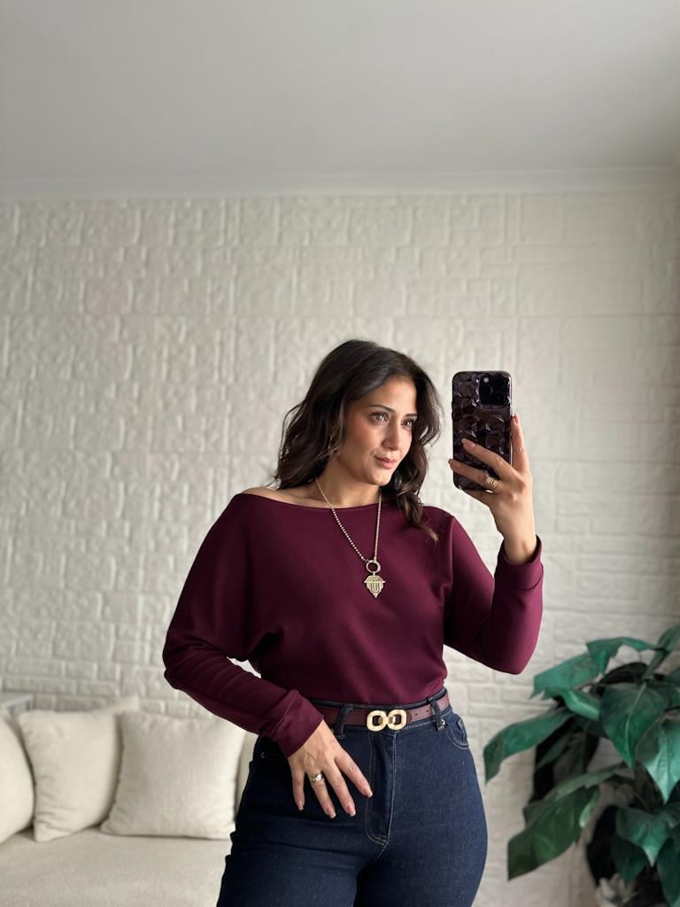 Mürdüm Düşük Omuz Kayık Yaka Yarasa Kol Modal Bluz