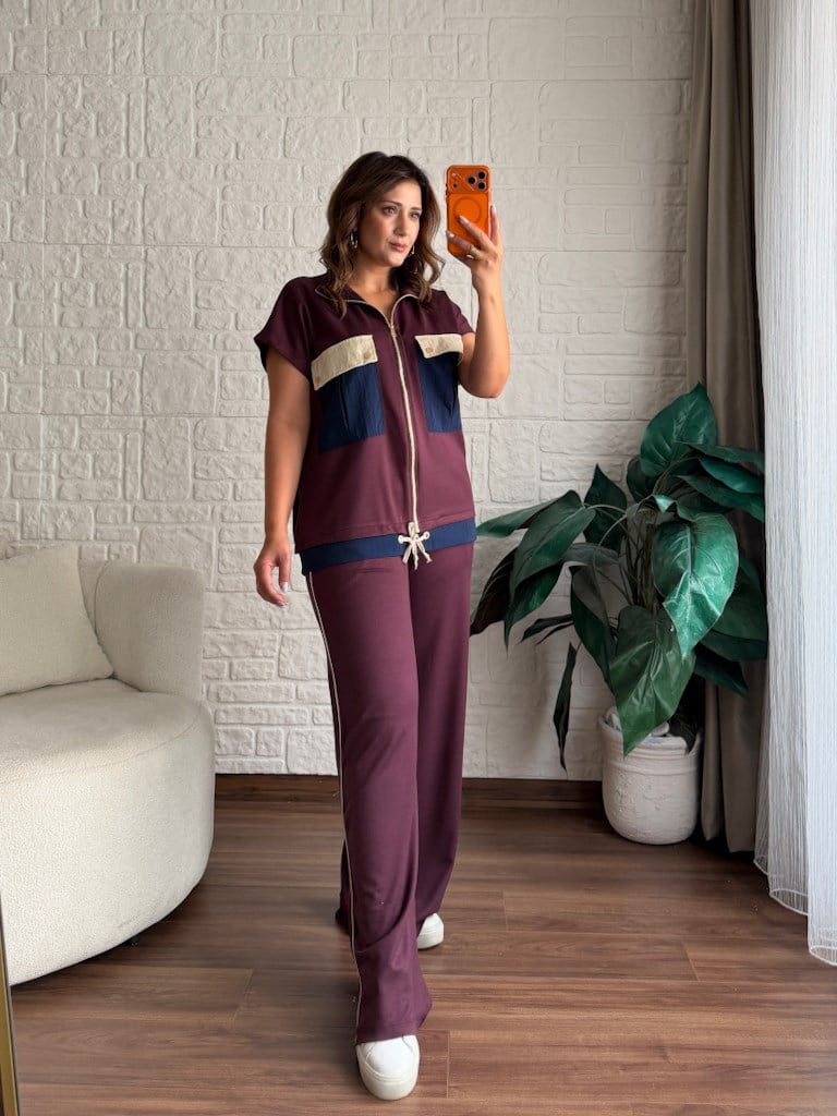 Mürdüm Fermuarlı Paraşüt Renkli Cepli Modal Takım
