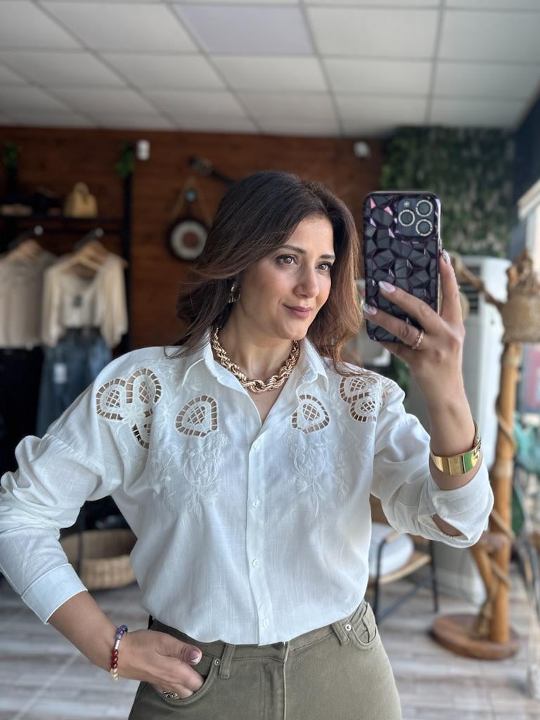 Nakış Detaylı Keten Gömlek Krem