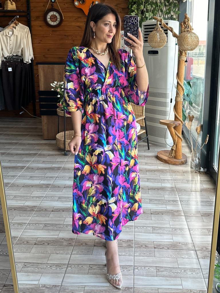 Önden Yırtmaçlı Kruvaze Elbise Mor Sarı Çiçek Desen