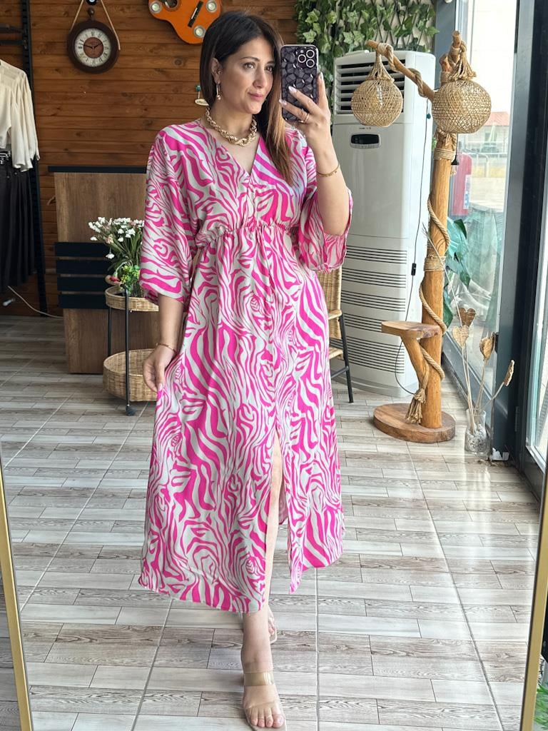 Önden Yırtmaçlı Kruvaze Elbise Pembe Taş Zebra Desen