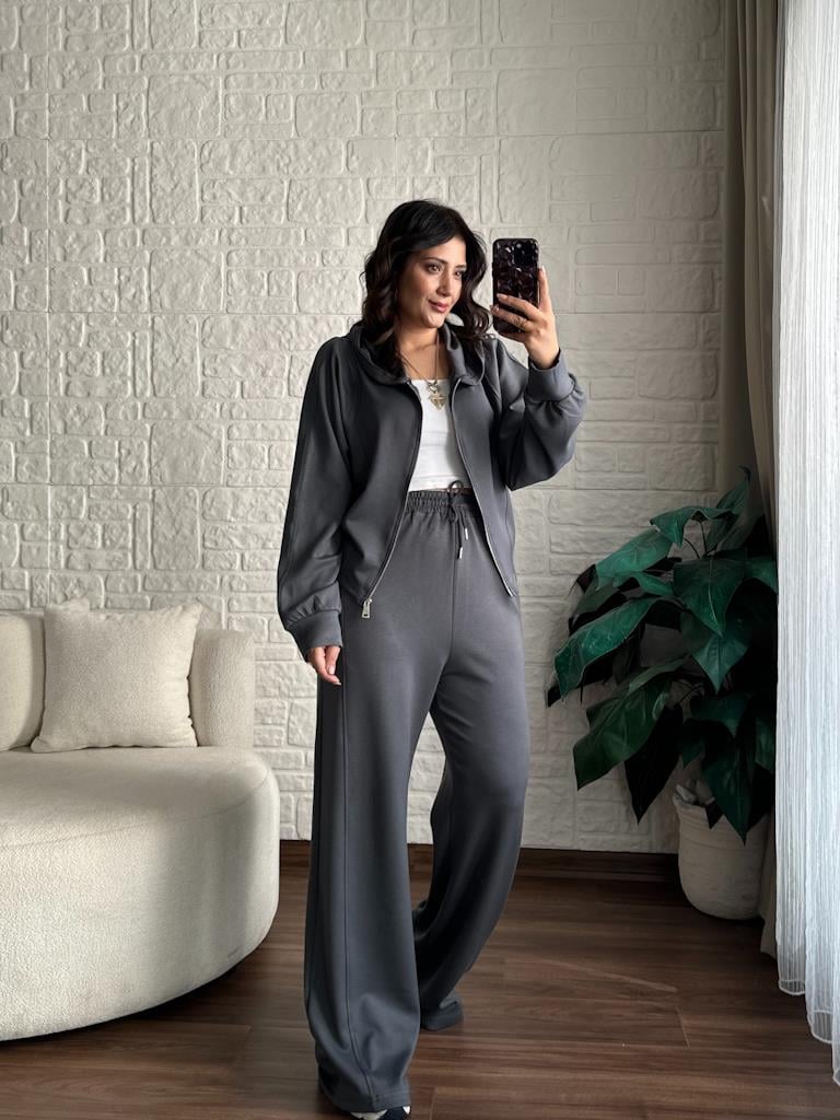 Önü Fermuarlı Kapşonlu Tasarım Modal Takım Füme