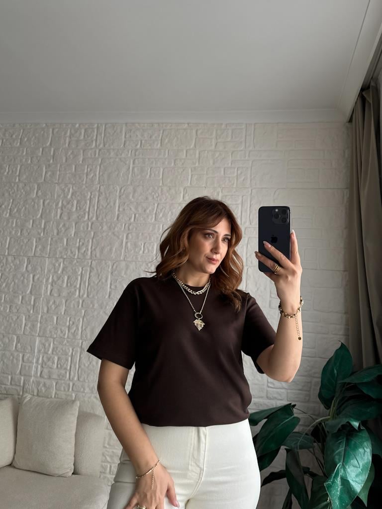 Orijinal Marka Bisiklet Yaka Kısa Kol Basic Tişört Kahverengi