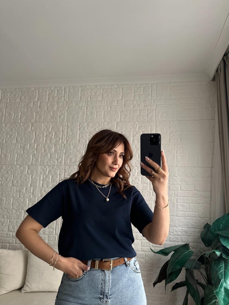 Orijinal Marka Bisiklet Yaka Kısa Kol Basic Tişört Lacivert