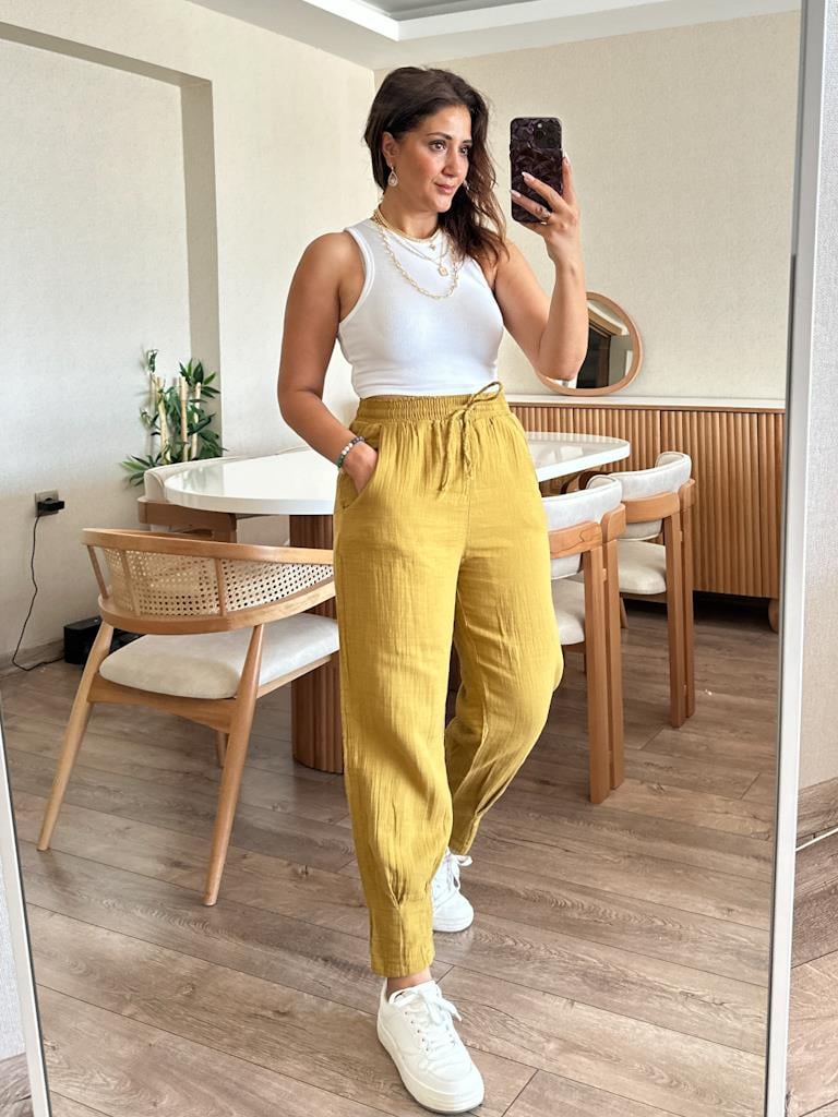 Orijinal Marka Paça Pens Detaylı Müslin Kumaş Pantolon Hardal