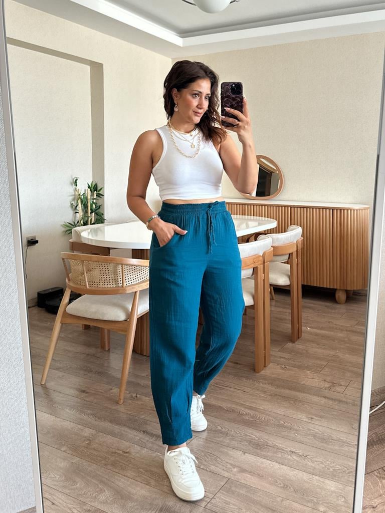 Orijinal Marka Paça Pens Detaylı Müslin Kumaş Pantolon Petrol Mavi