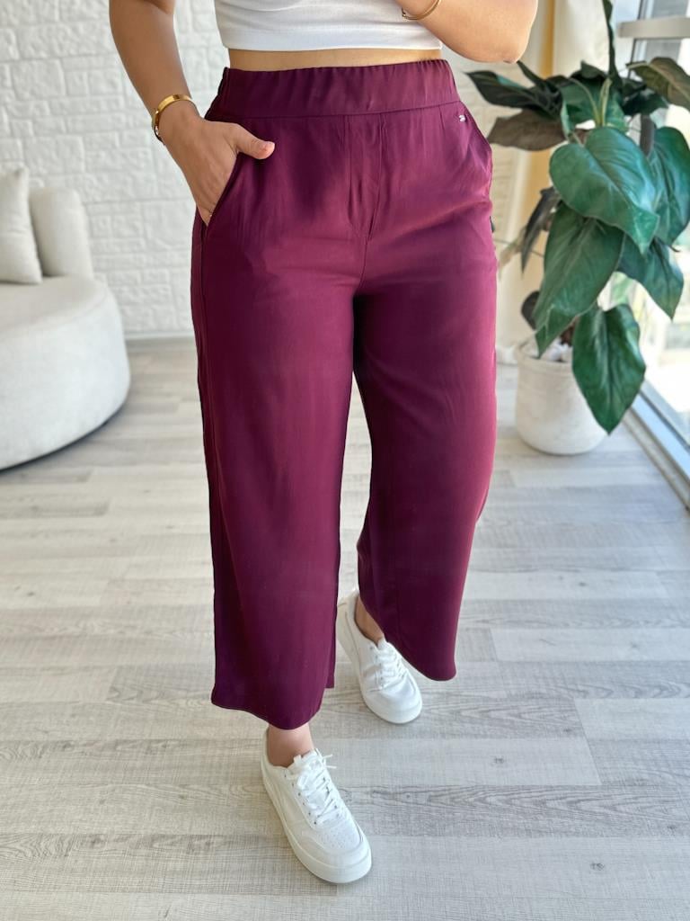 Orijinal Marka Tensel Kumaş Beli Lastikli Bilek Boy Pantolon Mor