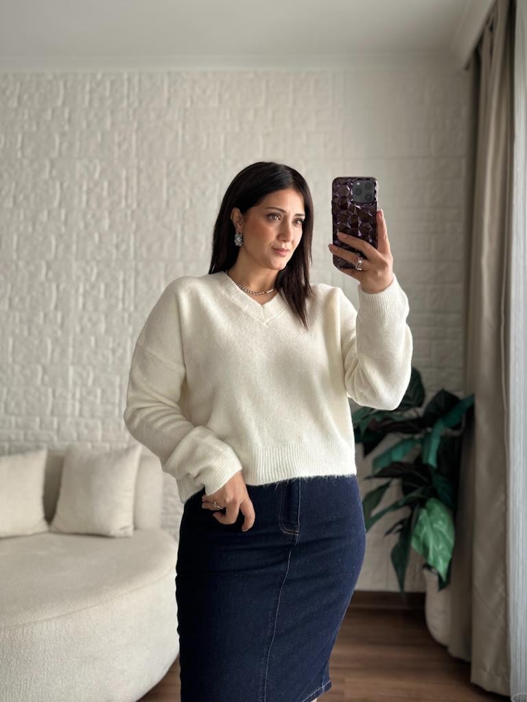 Orijinal Marka V Yaka Kaşmir Yumoş Kazak Krem