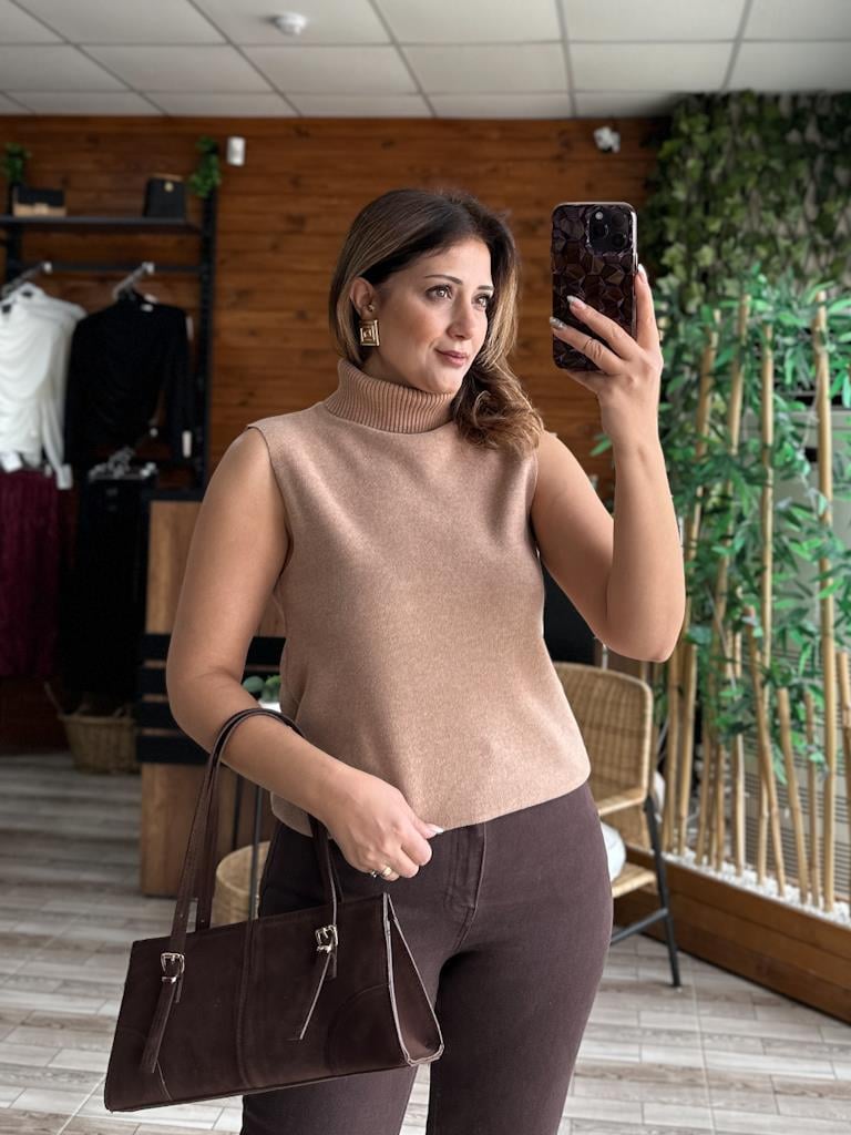 Orjinal Marka Balıkçı Yaka Kolsuz Bluz Süveter Camel