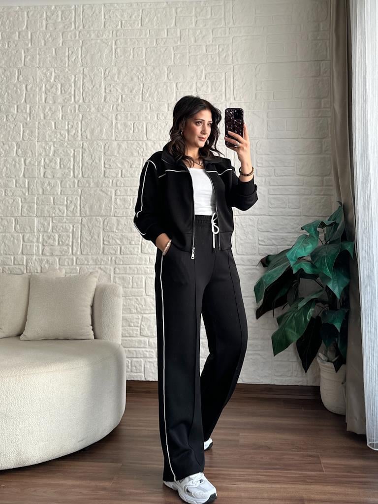 Orjinal Marka Beyaz Şeritli Fermuarlı Oys Takım Siyah