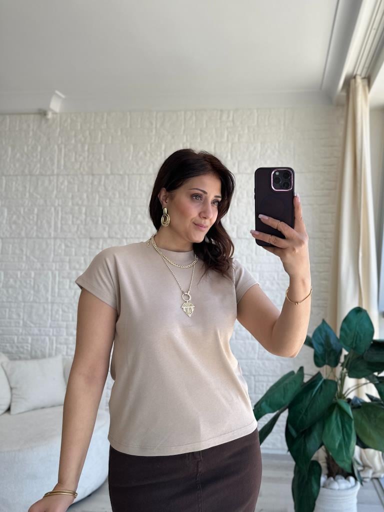 Orjinal Marka Bisiklet Yaka Pamuk Tişört Bej