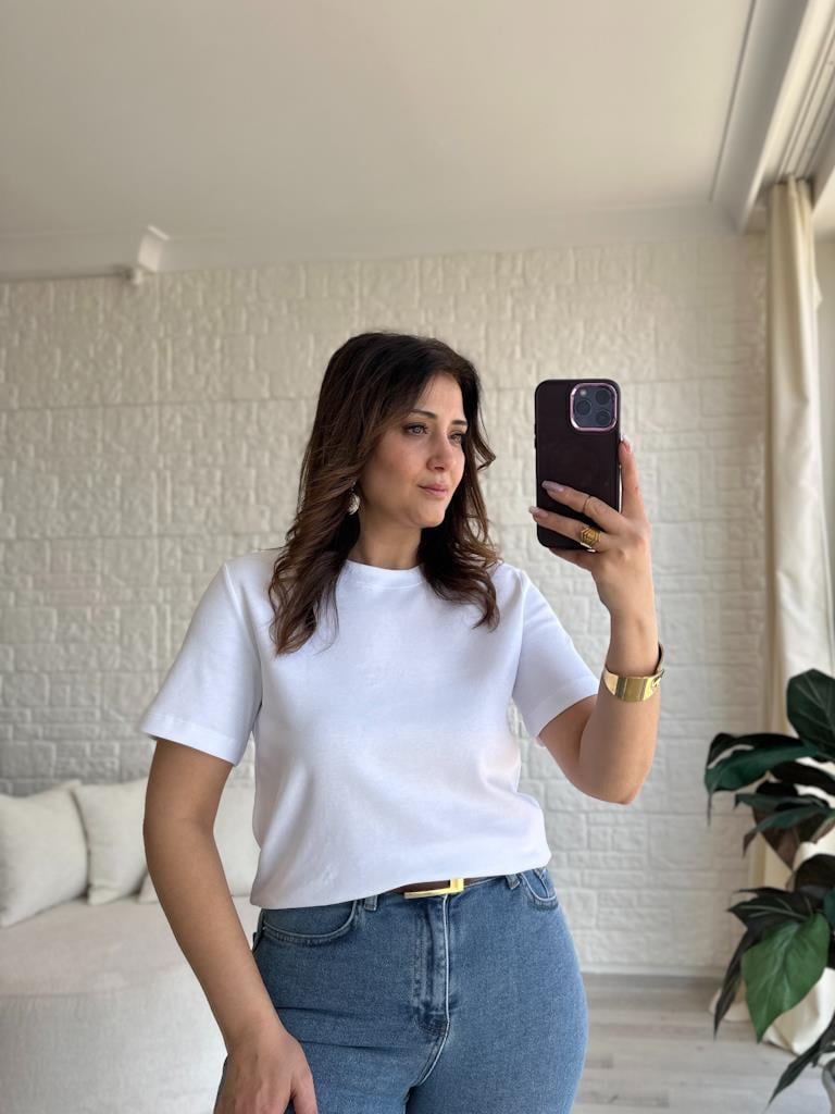 Orjinal Marka Bisiklet Yaka Salaş Kalıp Tişört Beyaz