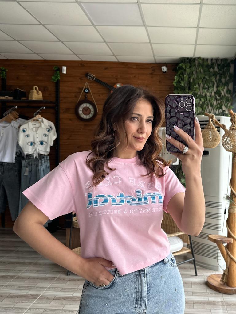 Orjinal Marka Bisilet Yaka Basic Tişört Pembe