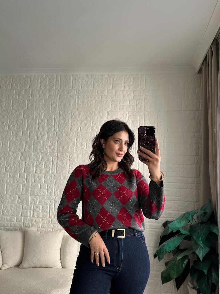 Orjinal Marka Bordo Gri  Baklava Desen Triko Kazak