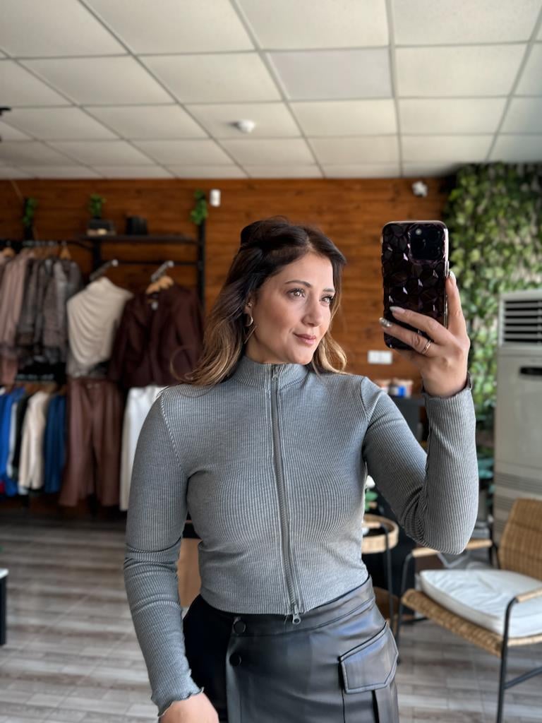 Orjinal Marka Çelik Kaşkorse Kumaş Fermuarlı Bluz Gri